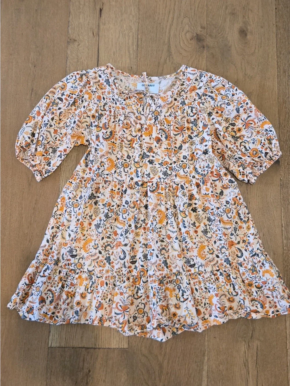 Old Navy White Floral Print Babydoll Dress with Orange and Navy Accents